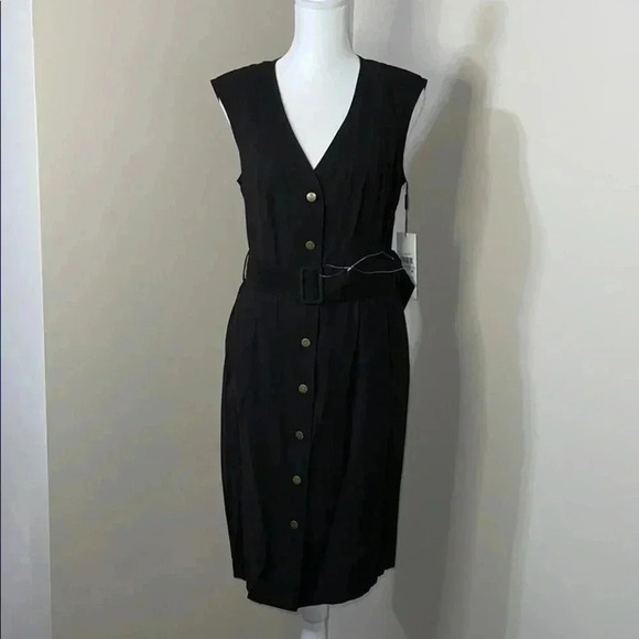 Calvin Klein Button-Front V-Neck Sleeveless Belted​​​ - Picture 1 of 16